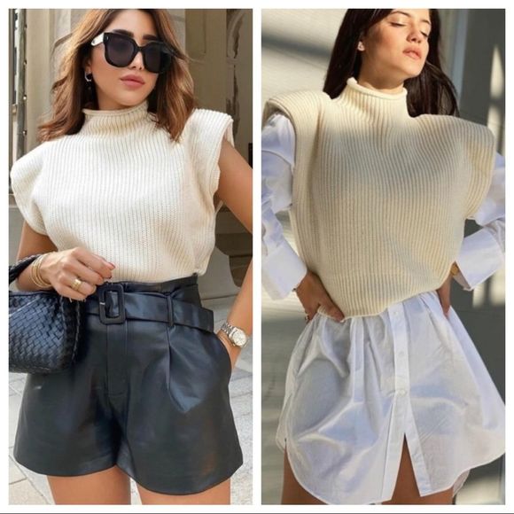 Zara Sweaters - ZARA Shoulder Pad Knit Top Sleeveless Sweater Vest Cream Blogger Fav Size Medium